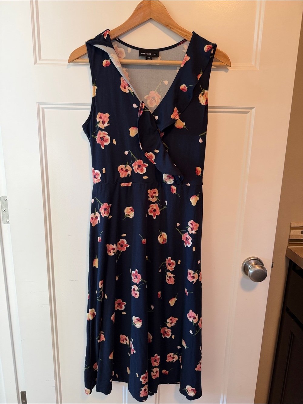 Sleeveless Navy Floral Wrap-Style Midi Dress by Fortune + Ivy